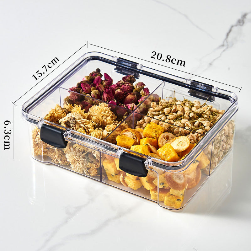 Square flower tea packaging box, 460ml, four-compartment plastic airtight container, food-grade storage box.