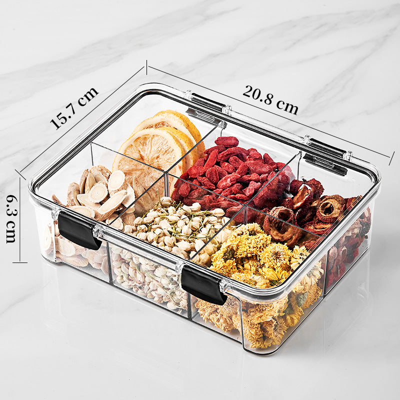 Square flower tea packaging box, 460ml, four-compartment plastic airtight container, food-grade storage box.