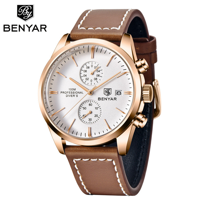 BENYAR Binya 5187 new multi-function quartz movement leather strap men's business casual calendar watch