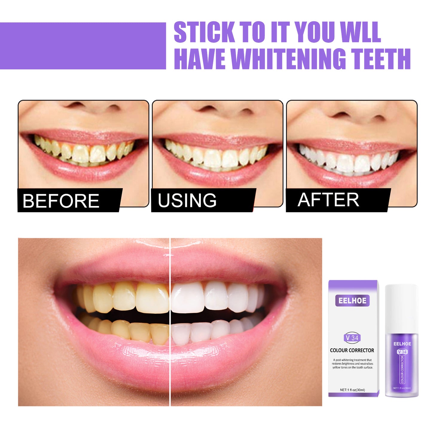 EELHOE V34 Toothpaste Repair Teeth Repair Oral Cleaning Purple Orange Toothpaste Dazzling White Cleaning Tooth Stains