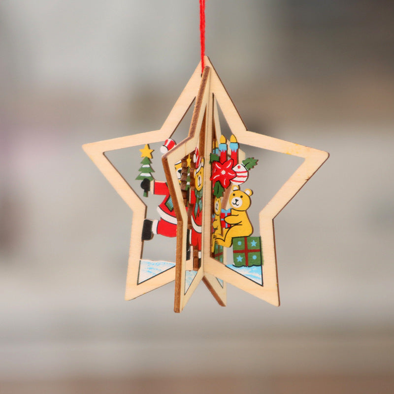 Christmas decorations wooden Christmas tree pendants hollow small pendants wooden five-pointed star bell pendants creative gifts