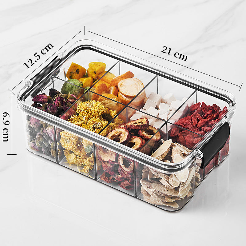 Square flower tea packaging box, 460ml, four-compartment plastic airtight container, food-grade storage box.