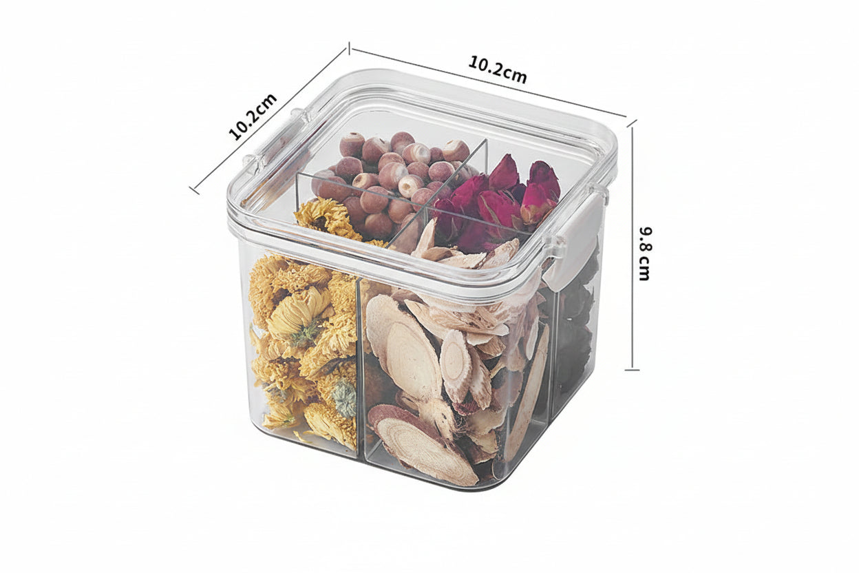 Square flower tea packaging box, 460ml, four-compartment plastic airtight container, food-grade storage box.