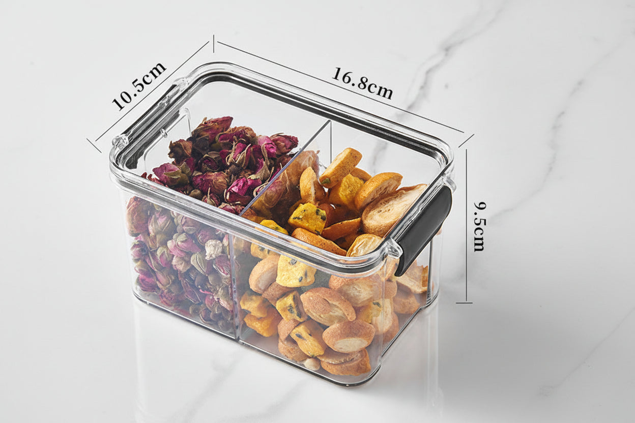 Square flower tea packaging box, 460ml, four-compartment plastic airtight container, food-grade storage box.