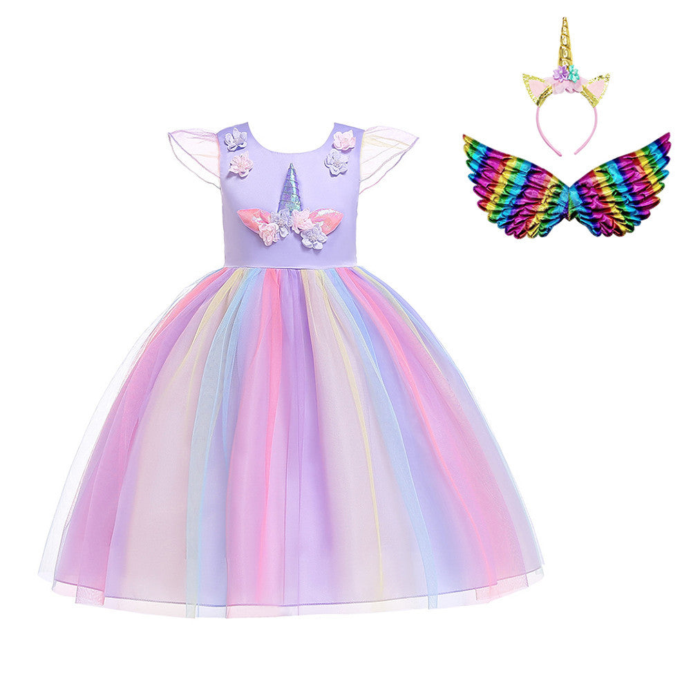 Halloween Show With Unicorn Ruffle Sleeve Rainbow Dress Dress Birthday Girl Dress Dress Dress Dress