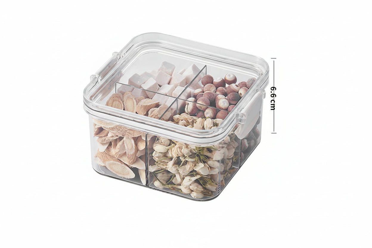 Square flower tea packaging box, 460ml, four-compartment plastic airtight container, food-grade storage box.