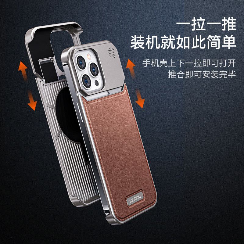 15Promax mobile phone case aromatherapy aluminum alloy leather grain magnetic suction 15pro metal anti-fall 14 protective cover portable new