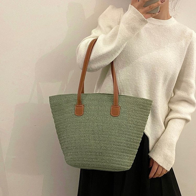 Fashion single shoulder straw bag 2024 new women's bag large capacity woven tote bag seaside holiday hand-held beach bag