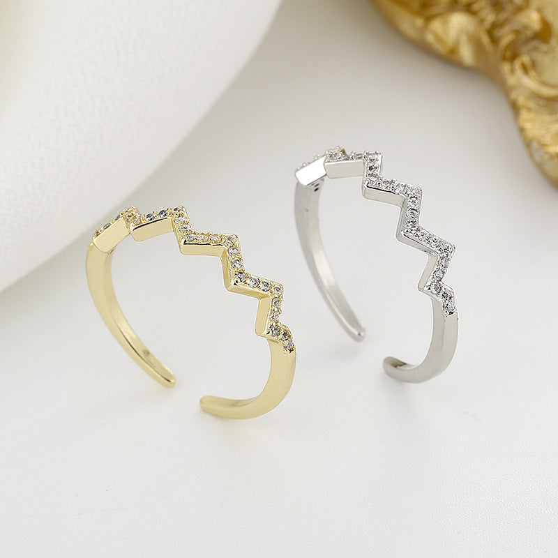 Independent station new ECG wave V-shaped ring fashionable and simple zirconium inlaid ring European and American ins hot female ring