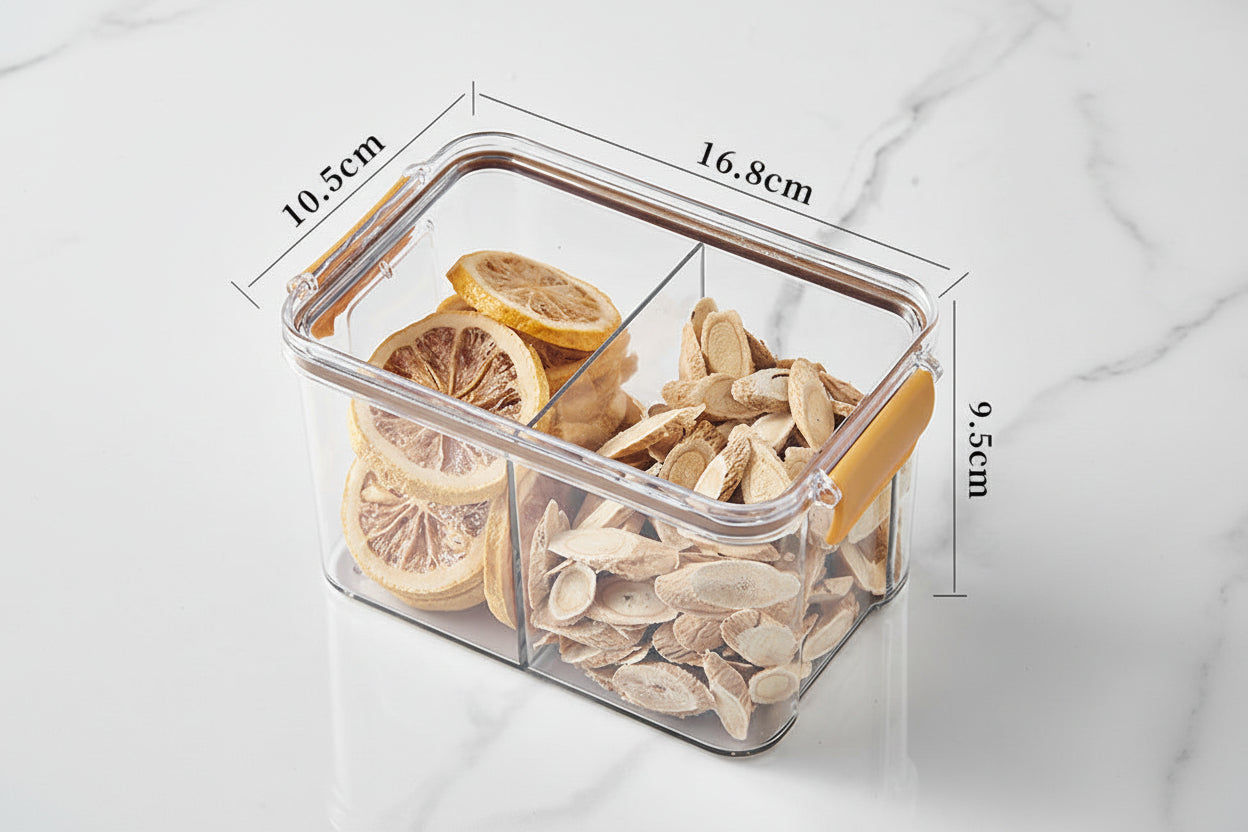 Square flower tea packaging box, 460ml, four-compartment plastic airtight container, food-grade storage box.