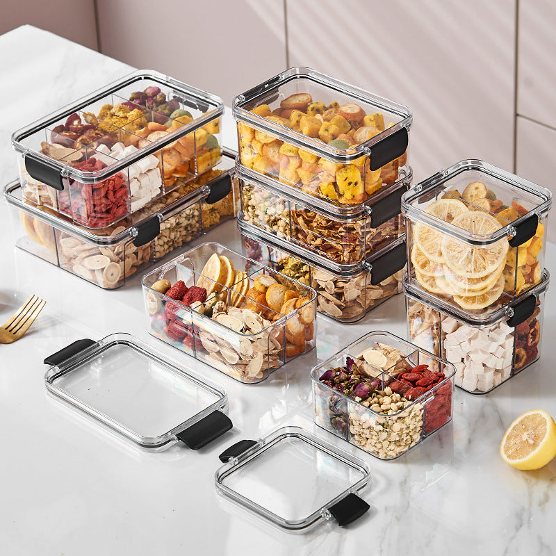 Square flower tea packaging box, 460ml, four-compartment plastic airtight container, food-grade storage box.