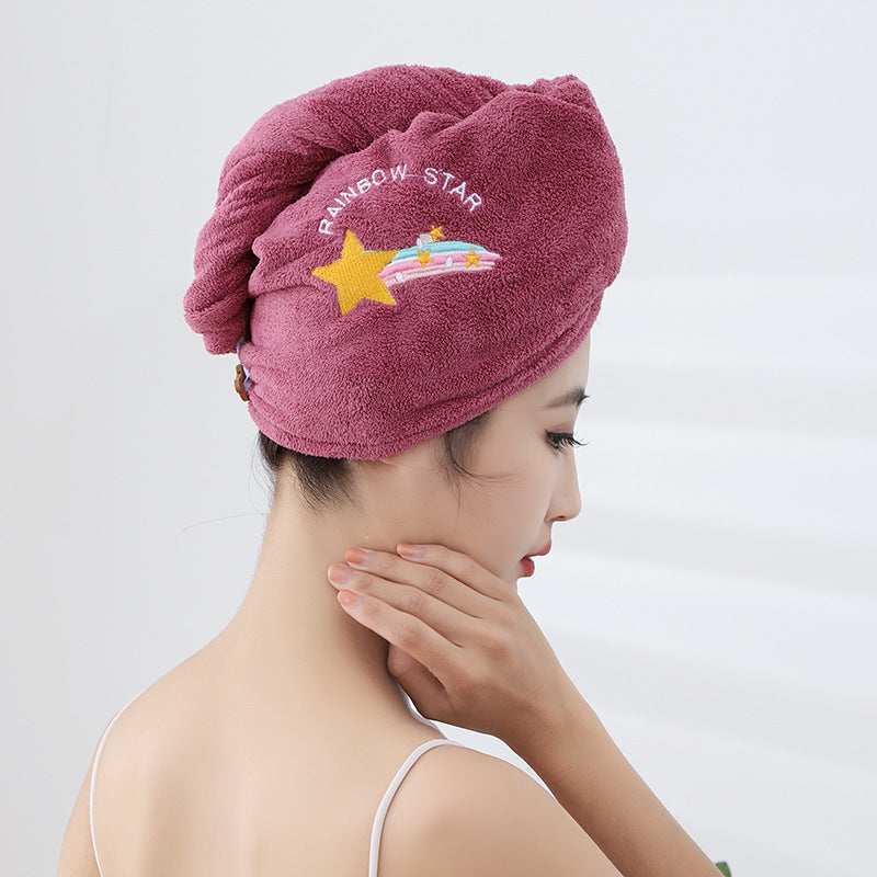 Dry hair cap water-absorbing coral fleece thickened double-layer hair care shower cap cute embroidered hair washing towel home daily necessities