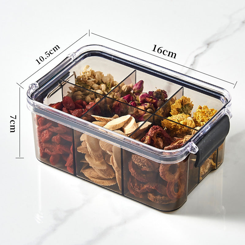 Square flower tea packaging box, 460ml, four-compartment plastic airtight container, food-grade storage box.