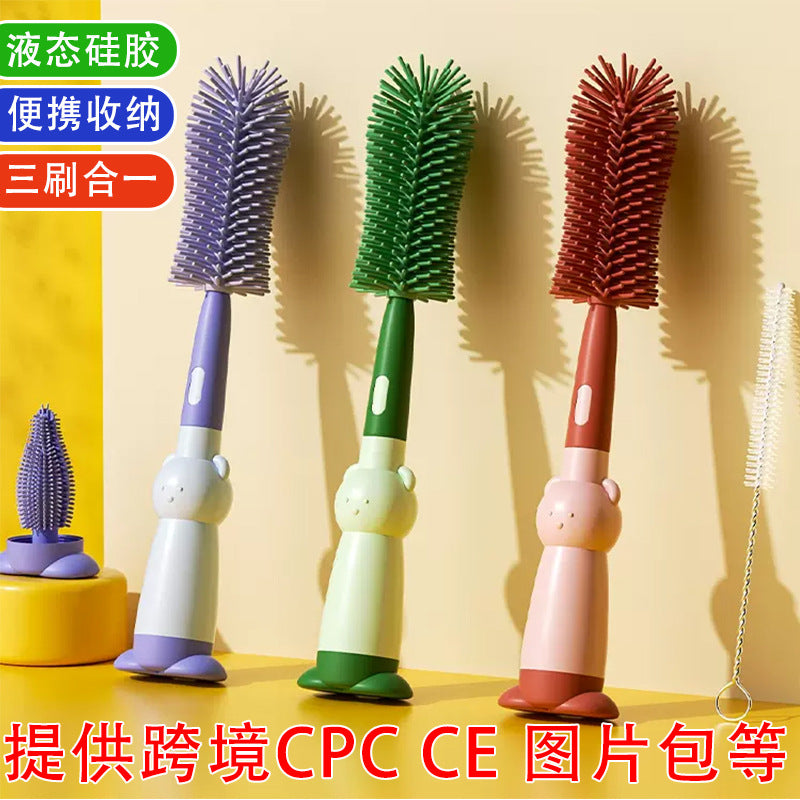 Cross-border special food grade silicone bottle brush portable three-in-one multi-functional cleaning brush straw baby bottle brush