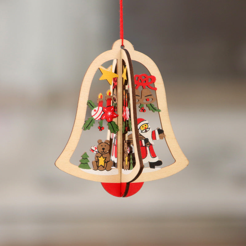 Christmas decorations wooden Christmas tree pendants hollow small pendants wooden five-pointed star bell pendants creative gifts