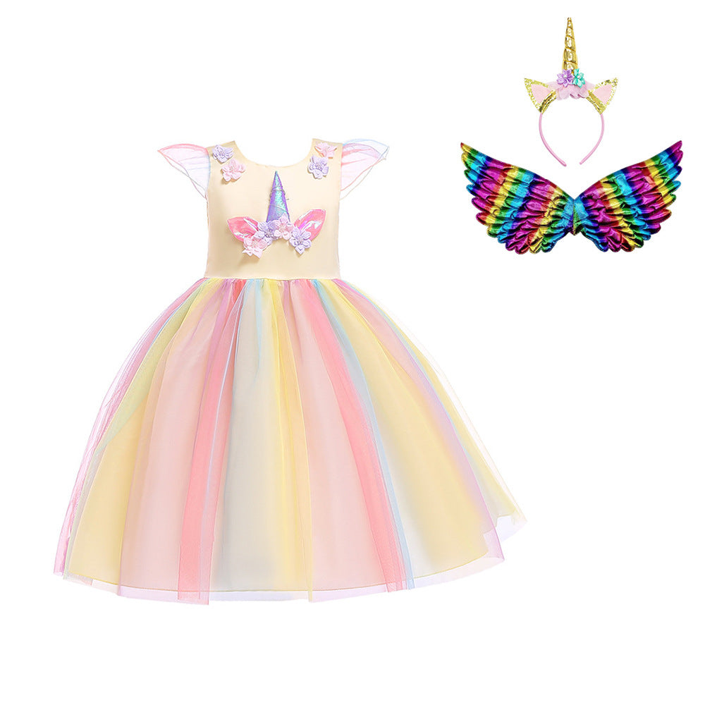 Halloween Show With Unicorn Ruffle Sleeve Rainbow Dress Dress Birthday Girl Dress Dress Dress Dress