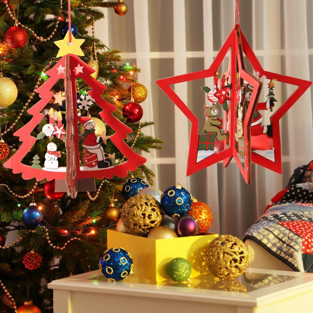 Christmas decorations wooden Christmas tree pendants hollow small pendants wooden five-pointed star bell pendants creative gifts