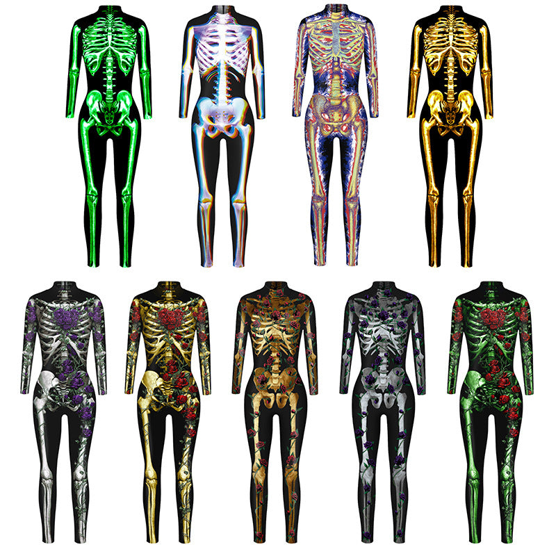 Amazon's new Halloween skeleton digital printing long-sleeved bodysuit slim fit slim cosplay costume