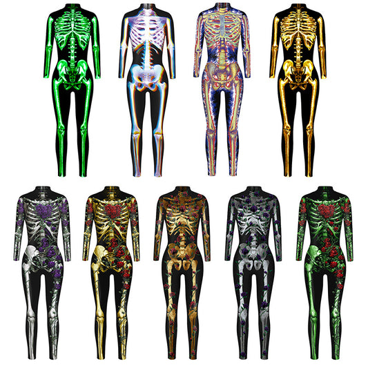 Amazon's new Halloween skeleton digital printing long-sleeved bodysuit slim fit slim cosplay costume