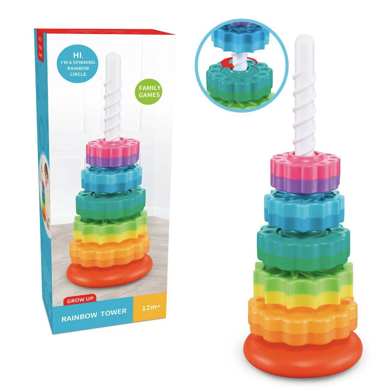 Amazon infant cognitive rainbow rotating tower toy enlightenment early education geometry ring stacking spinning tower