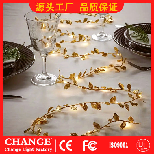 Cross-border Christmas decoration diy ribbon colored lights string lights wedding New Year pendant gold leaf rattan LED light string