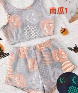 Foreign trade Halloween luminous flannel pajamas women autumn and winter plus velvet warm leisure home suit graffiti luminous pants