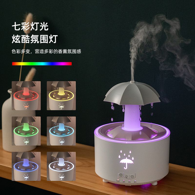 New rotating umbrella water drop humidifier household large fog desktop colorful light remote control aromatherapy machine cross-border