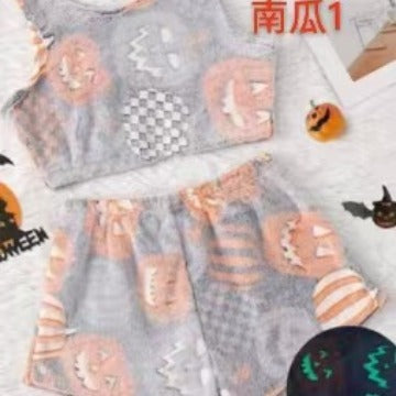 Foreign trade Halloween luminous flannel pajamas women autumn and winter plus velvet warm leisure home suit graffiti luminous pants