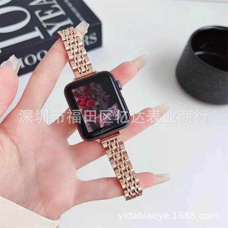 Suitable for Apple Watch9Ultra2 watch strap Apple thin seven-bead butterfly buckle stainless steel metal watch strap