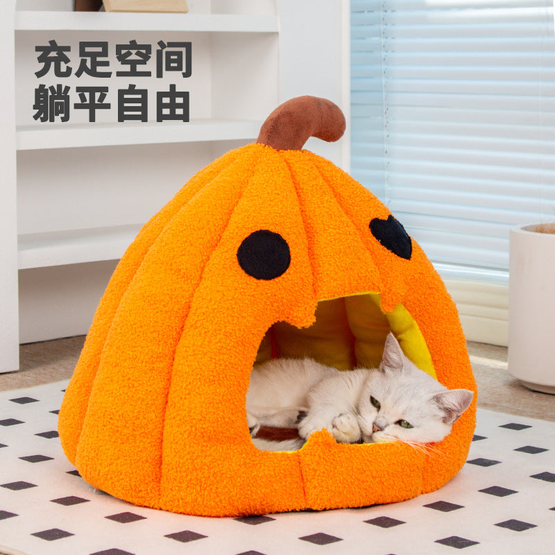 Halloween Pumpkin Cat House Cross-border Autumn and Winter Warm Cat House Enclosed Cat and Dog House Pet Halloween Pet