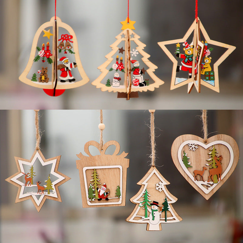 Christmas decorations wooden Christmas tree pendants hollow small pendants wooden five-pointed star bell pendants creative gifts