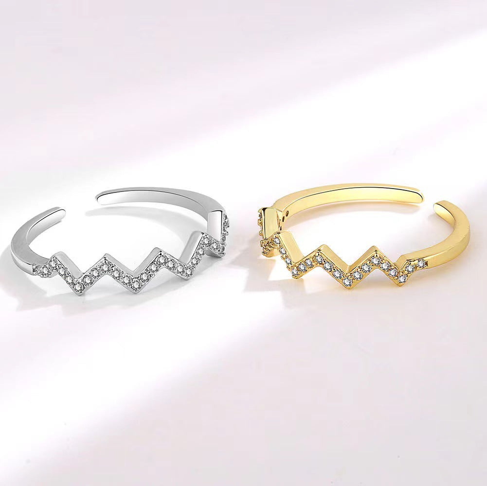 Cross-border hot sale s925 sterling silver open wave pattern electrocardiogram ring female simple fashion European and American style index finger ring