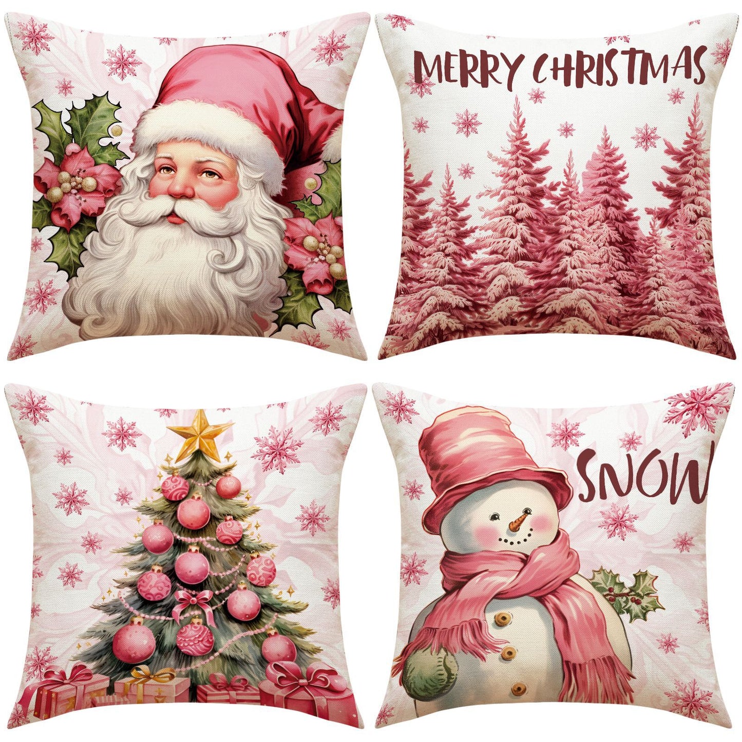 Pink Elk Christmas Cushion Cover Linen Letter Print Holiday Decoration Living Room Sofa Cushion Cover Cushion Cover