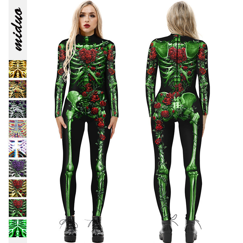 Amazon's new Halloween skeleton digital printing long-sleeved bodysuit slim fit slim cosplay costume