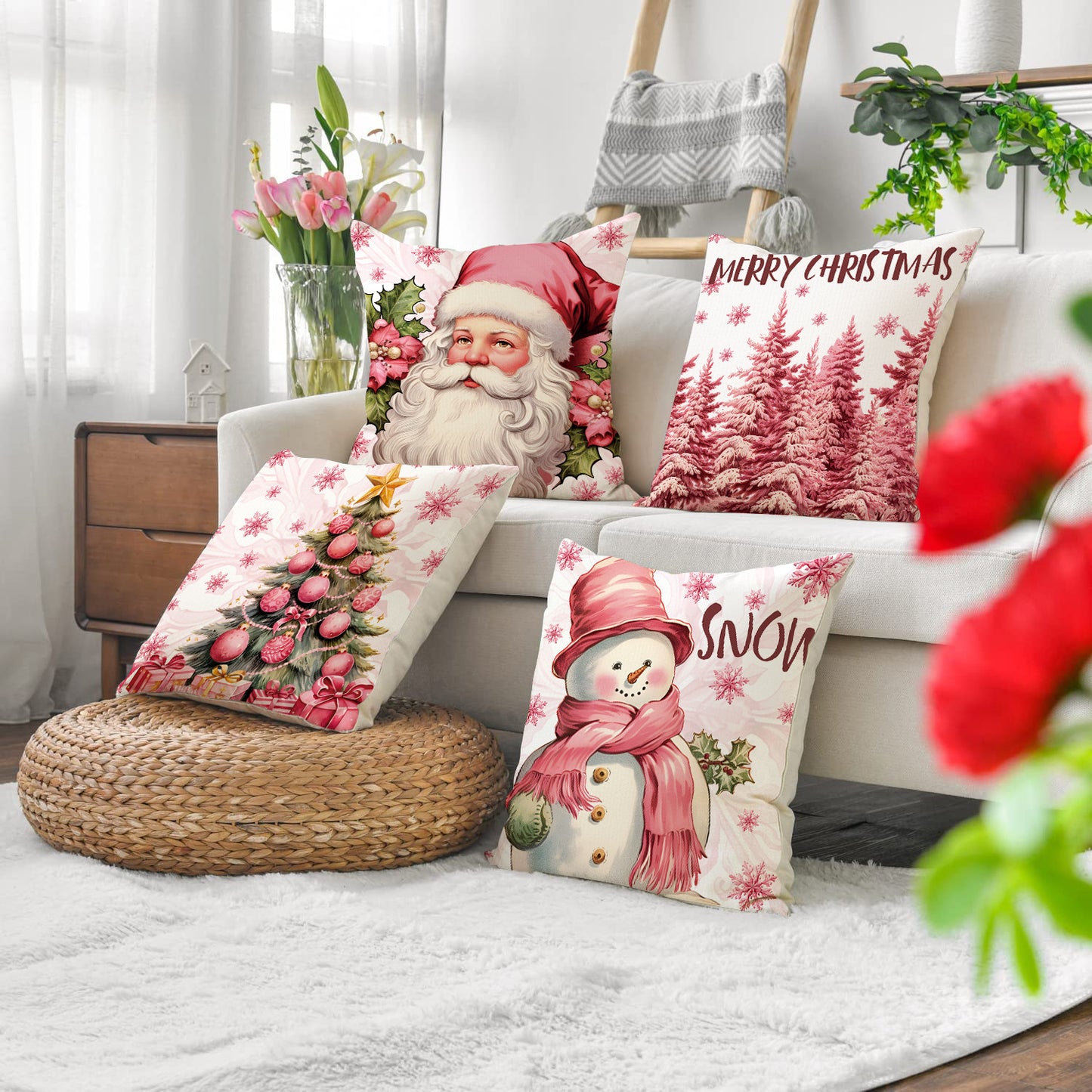 Pink Elk Christmas Cushion Cover Linen Letter Print Holiday Decoration Living Room Sofa Cushion Cover Cushion Cover