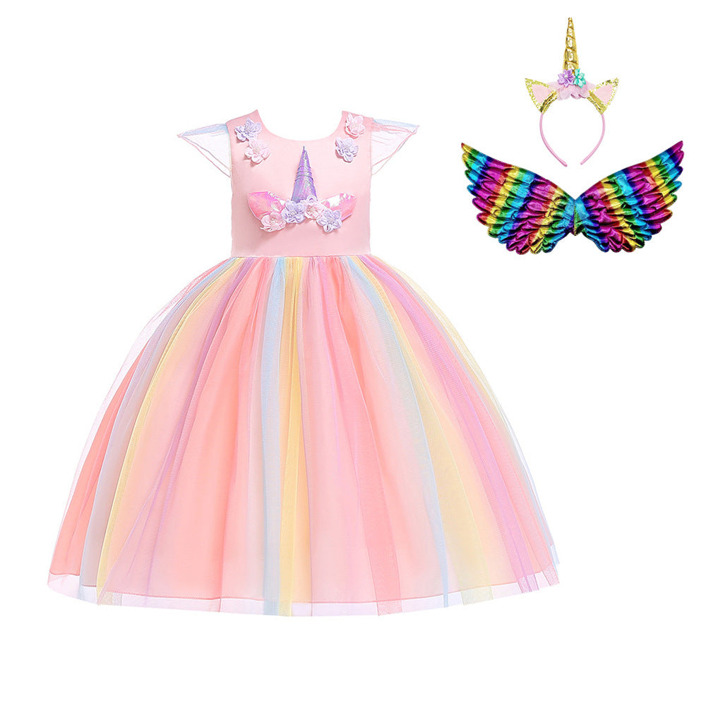 Halloween Show With Unicorn Ruffle Sleeve Rainbow Dress Dress Birthday Girl Dress Dress Dress Dress