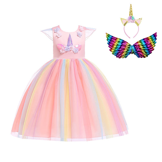 Halloween Show With Unicorn Ruffle Sleeve Rainbow Dress Dress Birthday Girl Dress Dress Dress Dress