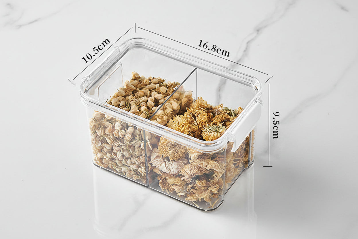 Square flower tea packaging box, 460ml, four-compartment plastic airtight container, food-grade storage box.