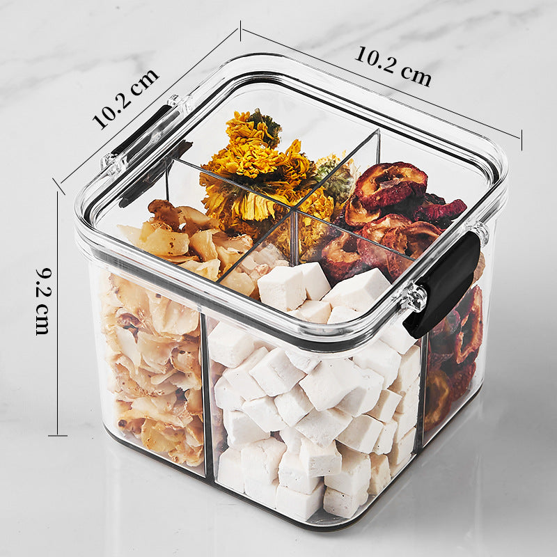 Square flower tea packaging box, 460ml, four-compartment plastic airtight container, food-grade storage box.
