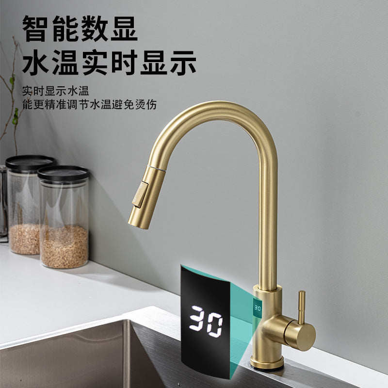 Cross-border 304 stainless steel sink faucet touch pull-out telescopic hot and cold intelligent induction digital display kitchen faucet