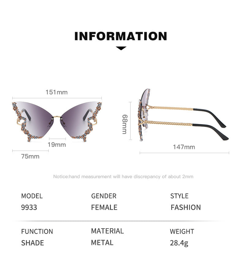 Cross-border 2023 new butterfly shape diamond-encrusted frameless sunglasses women's fashion personality exaggerated sunglasses European and American Internet celebrities