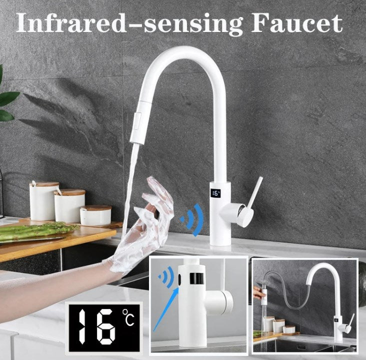 Cross-border 304 stainless steel sink faucet touch pull-out telescopic hot and cold intelligent induction digital display kitchen faucet